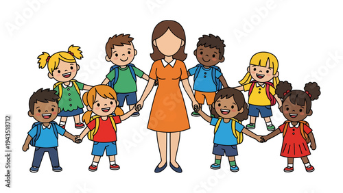 Children in Circle: A teacher stands, surrounded by her students. children's holding each others' hands and smiling cheerfully.