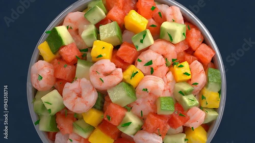 Vibrant Fresh Shrimp, Salmon, Avocado, and Mango Salad in a Healthy Poke Bowl.