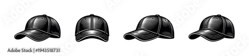 Black and white baseball cap vector set with four different designs