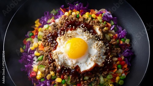 Appetizing Close Up of Colorful Healthy Rice Bowl with Fried Egg and Fresh Ingredients.