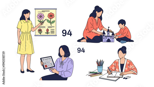 Education, Creative Moments: A series of illustrations capturing moments of education and creative expression, offering a glimpse into the joy of learning and artistic exploration.