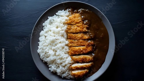 Delicious Japanese Chicken Katsu Curry with Steaming White Rice on a Dark Background.