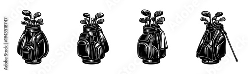 Vector illustration of golf bags with clubs in black and white silhouette style