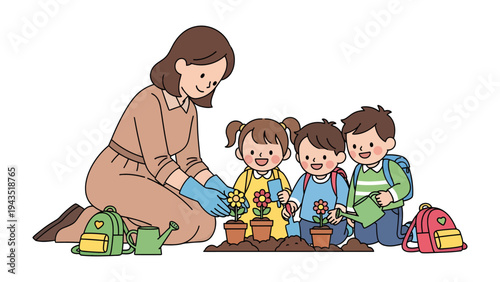 Nurturing Blossoms: A cheerful scene unfolds as a dedicated teacher guides young children in the delightful task of planting flowers, nurturing budding life with care and joy.