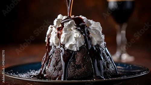 Decadent Chocolate Cake Topped with Creamy Whipped Cream and Rich Syrup Drizzling Down.