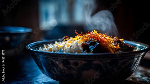 Delicious and aromatic biryani rice dish with tender meat and saffron, served steaming hot.