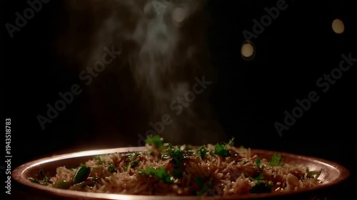 Appetizing Close Up of Freshly Cooked Hot Steaming Rice Meal with Green Garnish.