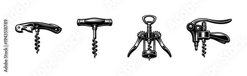 Elegant vintage corkscrew set illustration in black and white silhouette style
