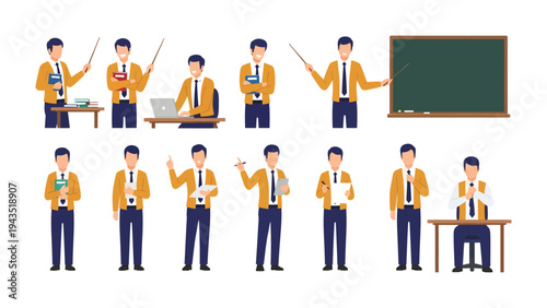 Versatile Educator: A collection of illustrations showcasing a male educator, embodying professionalism and dedication through diverse poses.