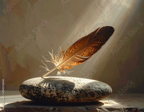A single brown feather rests atop a rough, gray stone, illuminated by a beam of sunlight. The background is a soft, textured beige