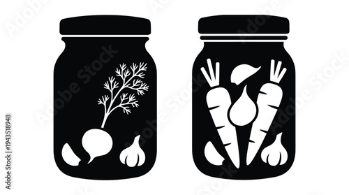 Pickle jar icons showing preserved vegetables and fermentation storage glass pot