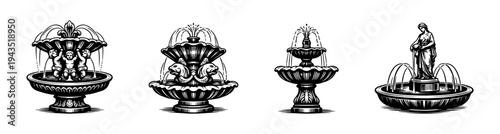 Vintage fountain illustrations set featuring classical statues in black and white