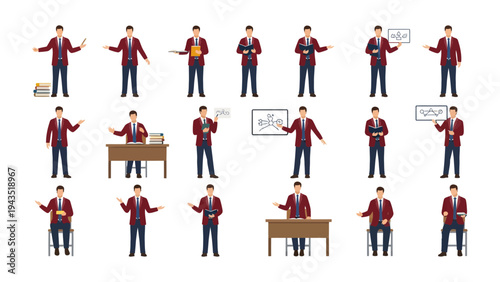 Business Presentation Poses: A professional male figure is showcased in a variety of poses, suitable for presentations or conveying different business concepts.