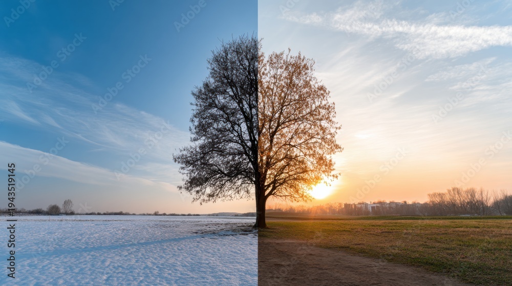 Fototapeta premium Single tree dividing frozen snowy field and sunlit grassy land at sunset. Dramatic contrast of winter and spring in rural landscape. Seasonal transition concept, nature change, climate shift