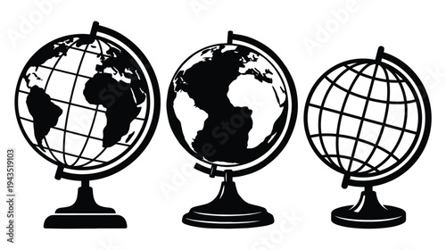 Three black silhouette globes on stands