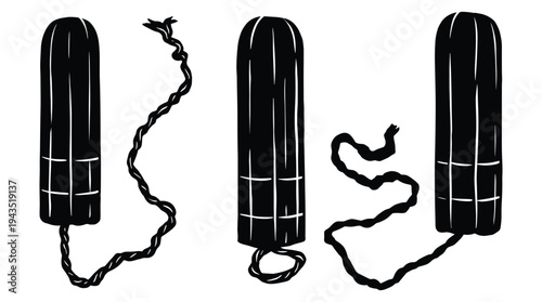 Black silhouettes of feminine hygiene tampons with strings vector set