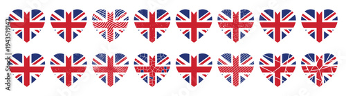 United Kingdom Flag Heart Icon Set with Vintage Grunge and Distressed Textures for Patriotic British Love London Travel and UK National Day Celebration Vector Illustration Graphic