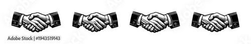 Black and white vector illustration of four handshake silhouettes in sequence