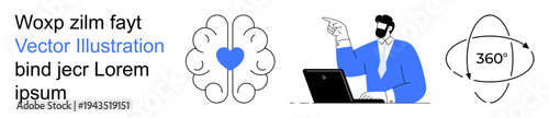 Creativity, neuroscience, education, technology, teamwork, global connectivity. Brain with heart, pointing man with laptop 360-degree icon. Creativity and neuroscience conceptual design