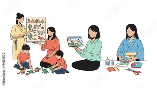 Creative Classroom: An illustration portrays educators engaged in a range of activities. From the display of illustrations to the art of crafting, and the shared interactions with students.