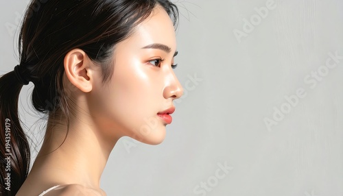 A side profile portrait of a woman with flawless skin, her hair pulled back in a ponytail, against a neutral backdrop