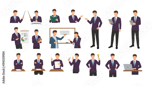 Business Professional's Poses: A versatile collection showcasing a business professional in various poses, perfect for illustrating diverse business scenarios and professional interactions.