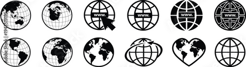 Set of earth globe icons in flat and linear design on a white background. Vector