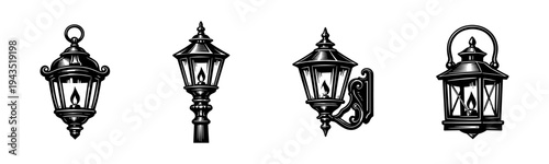 Vintage lanterns illustration set silhouette, black and white outdoor lighting elements