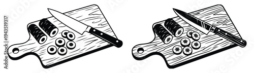 Sushi rolls and slices on wooden cutting board with knife