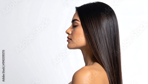 A side profile portrait of a woman with long, straight, dark hair, against a plain white backdrop. Her eyes are closed