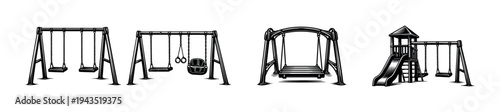 Playground equipment vector set featuring swings and slides in black and white