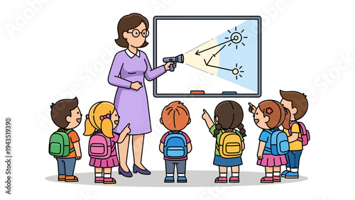 The Guiding Light of Knowledge: A teacher illuminates a lesson for a group of eager students, the image capturing the essence of education and the joy of learning.
