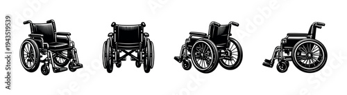 Black and white wheelchair illustrations set in vector silhouette style