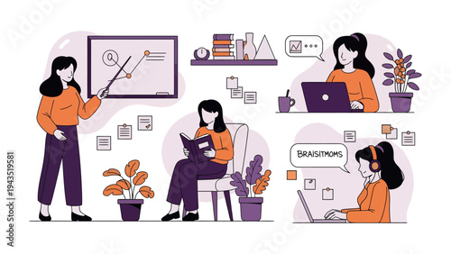 Diverse Work Scenes: Illustration of individuals engaged in different work scenarios, from presenting ideas to collaborative brainstorming, embodying the essence of modern professional life.