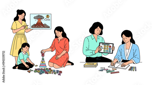 Educating and Playtime: Two scenarios depicting interactions of women teaching children with different activity