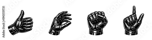 Robotic hand gestures illustration set, black and white mechanical hands clipart