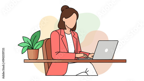 Efficiency at the Desk: A focused woman sits at her desk, engrossed in her work on a sleek laptop, accompanied by a potted plant for a touch of tranquility.