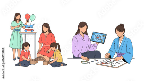 Family Fun and Creative Activities: A heartwarming scene unfolds as a family engages in various activities. Mothers and daughters build, create and design together.