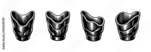 Black and white abstract vase silhouettes set in engraved style illustration