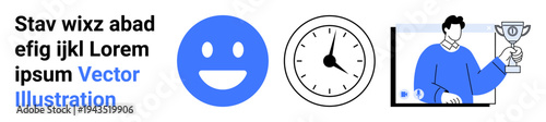 Workplace motivation, time management, productivity, recognition, success, achievement. Blue happy face, classic clock and person holding a trophy. Motivation and time management concept