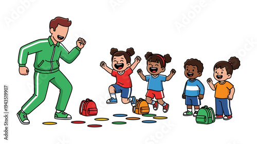 Joyful School Activity: An educator guides a group of enthusiastic young students in a playful game, filled with vibrant energy and teamwork. 