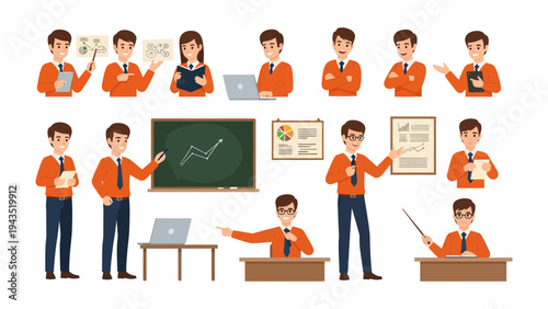 Set of teacher in presentation: A comprehensive set of professional educators engaging in various presentation scenarios. Suitable for educational and business related context.