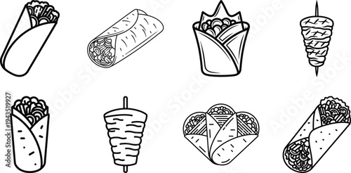 Doner kebab and shawarma icons: diverse middle eastern street food illustrations