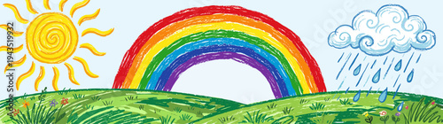 Colorful Hand Drawn Crayon Style Nature Landscape with Sun Rainbow and Rain Cloud on Green Meadow for Children Design and Weather Concept Flat Vector Illustration Isolated on White Background