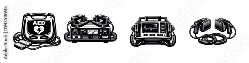 Vintage style medical equipment silhouettes including aed and defibrillators vector set