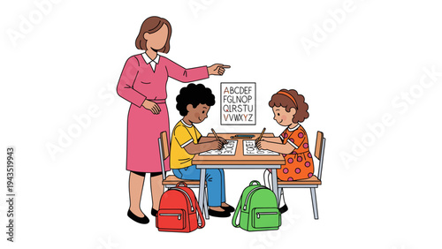 Early Education in Session: A dedicated teacher guides two young students in a classroom, fostering a nurturing environment for learning and discovery.