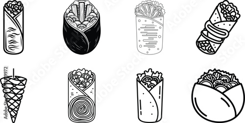 Shawarma and kebab icons: collection of middle eastern street food line art