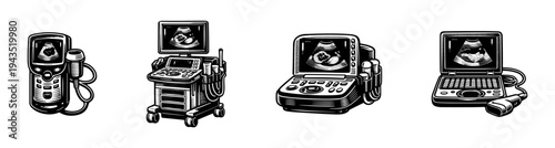 Black and white vector illustration of ultrasound medical devices set