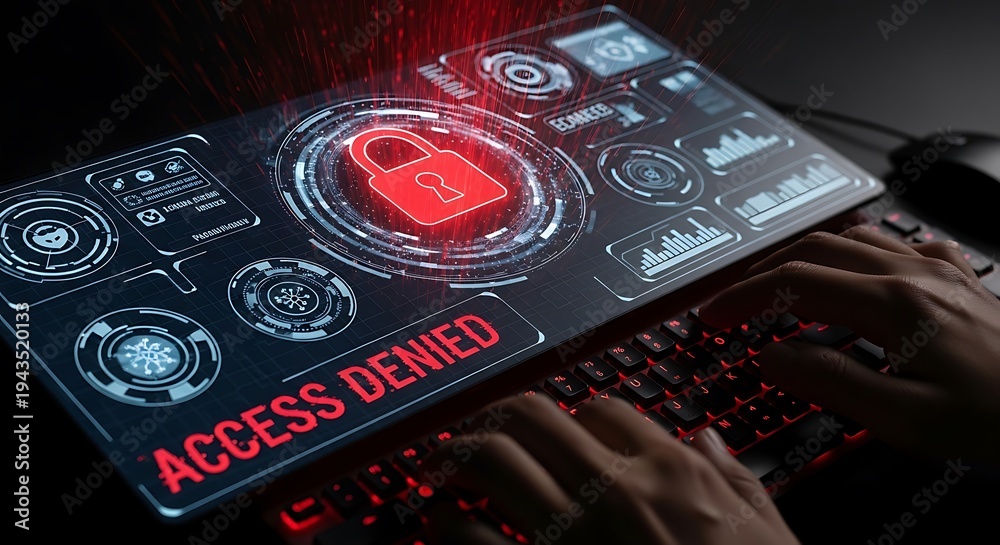 Obraz premium Cybersecurity concept, hands on keyboard, red glowing holographic warning signs