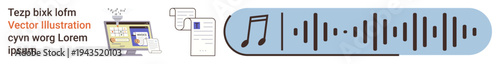 Digital file management, cloud storage, audio editing, document organization, data sharing, online services. Music note and audio waveform alongside digital document . Audio editing and digital file